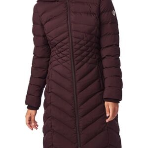 ECOPLUME™ HOODED LONG PUFFER COAT IN DARK PLUM